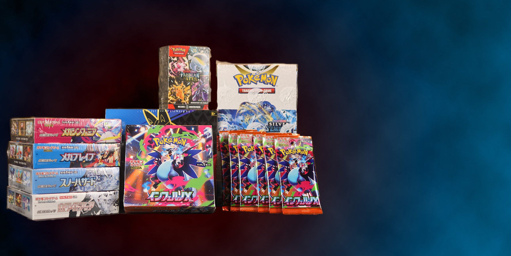 Collection of sealed Pokemon cards on a dark gradient background featuring Pokemon's Inferno X